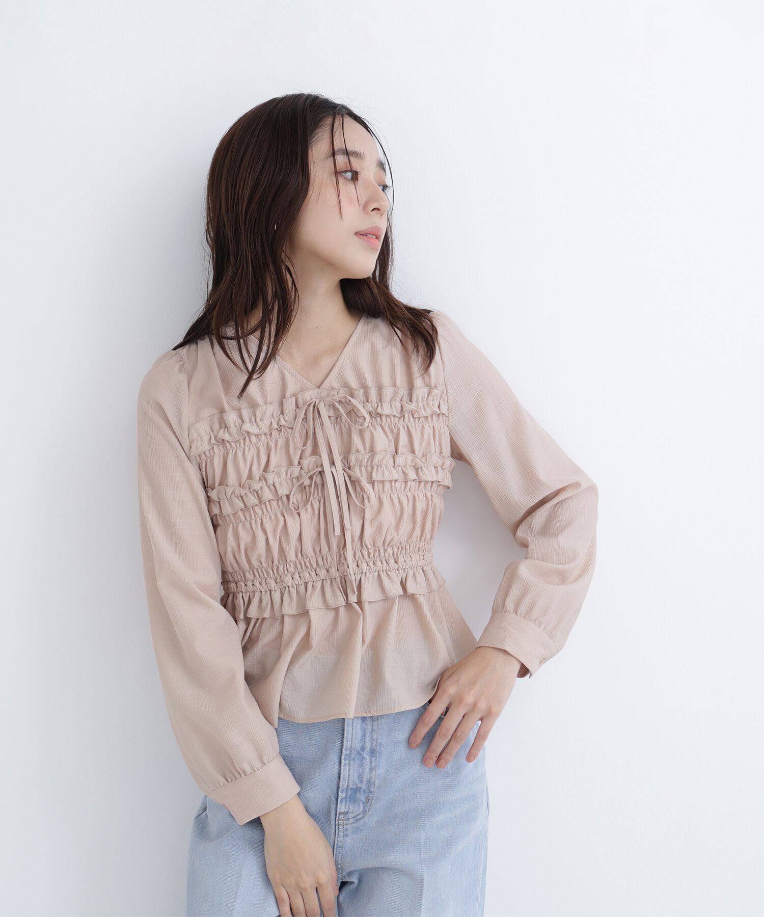  「フロントリボンペプラム楊柳ブラウス」|シャツ・ブラウス|