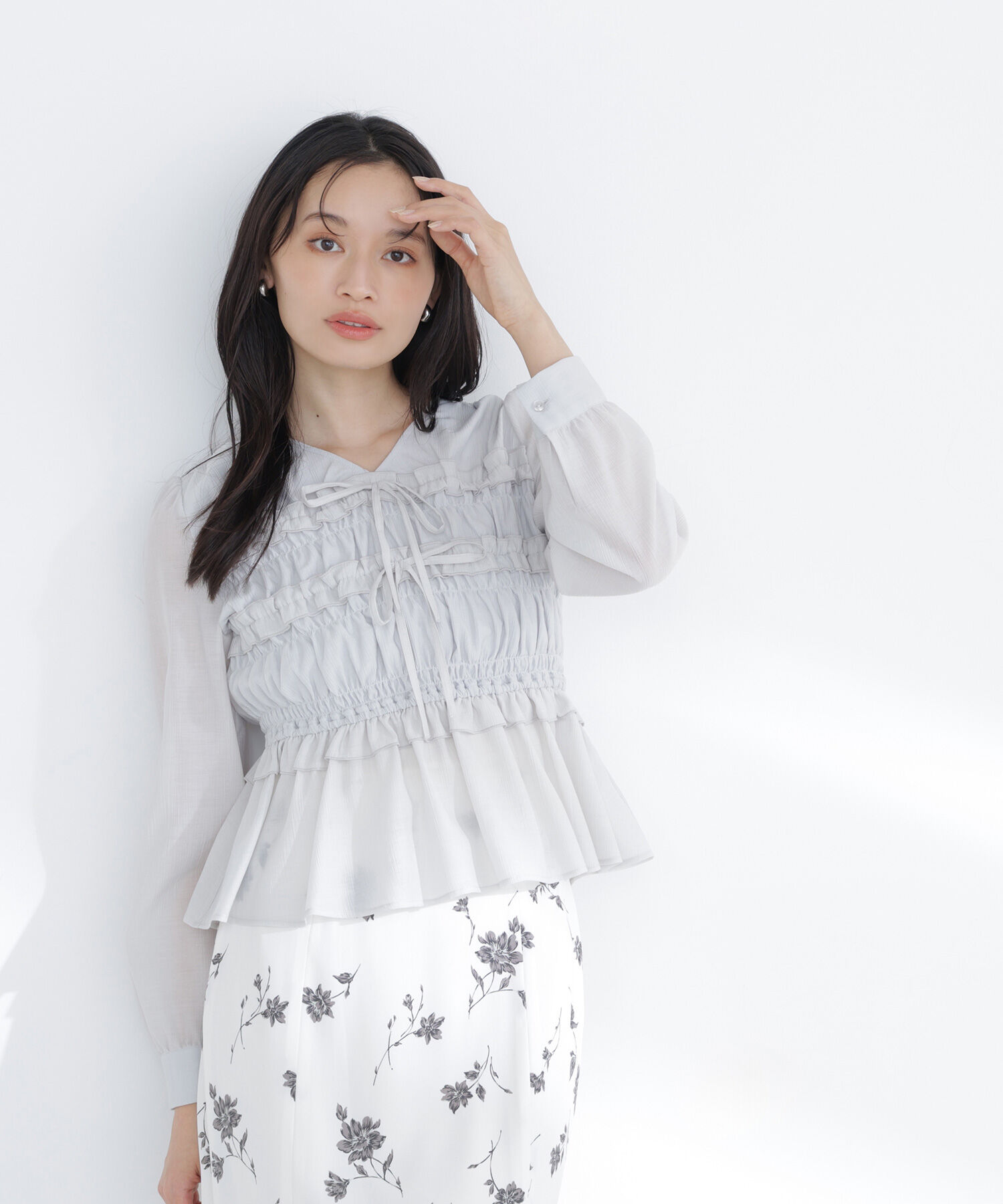  「フロントリボンペプラム楊柳ブラウス」|シャツ・ブラウス|
