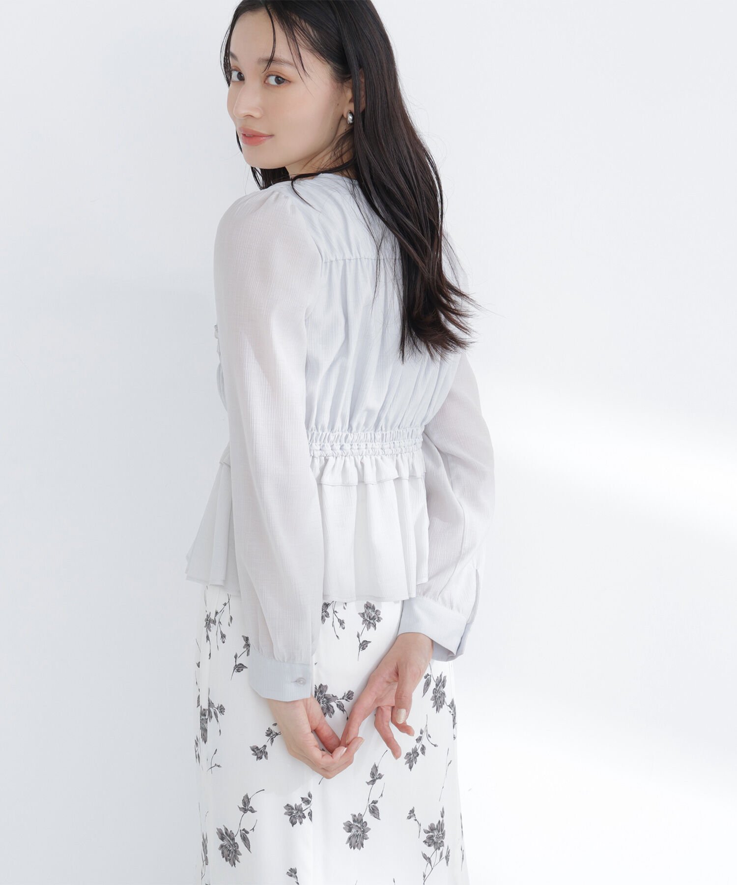  「フロントリボンペプラム楊柳ブラウス」|シャツ・ブラウス|