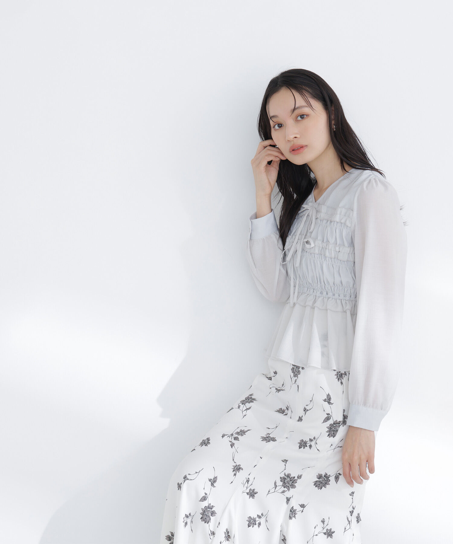  「フロントリボンペプラム楊柳ブラウス」|シャツ・ブラウス|