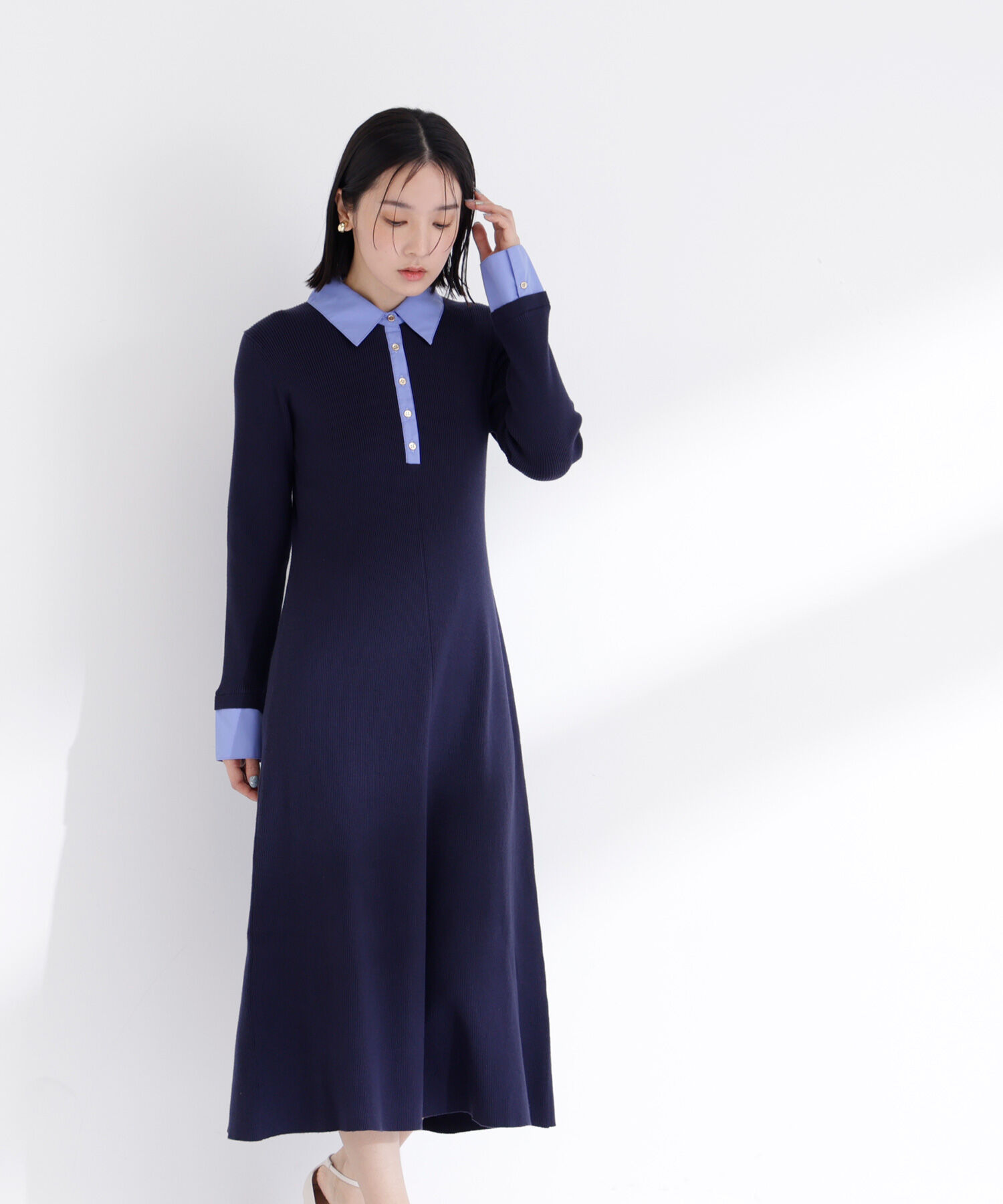  「襟付リブニットワンピース」|ワンピース|