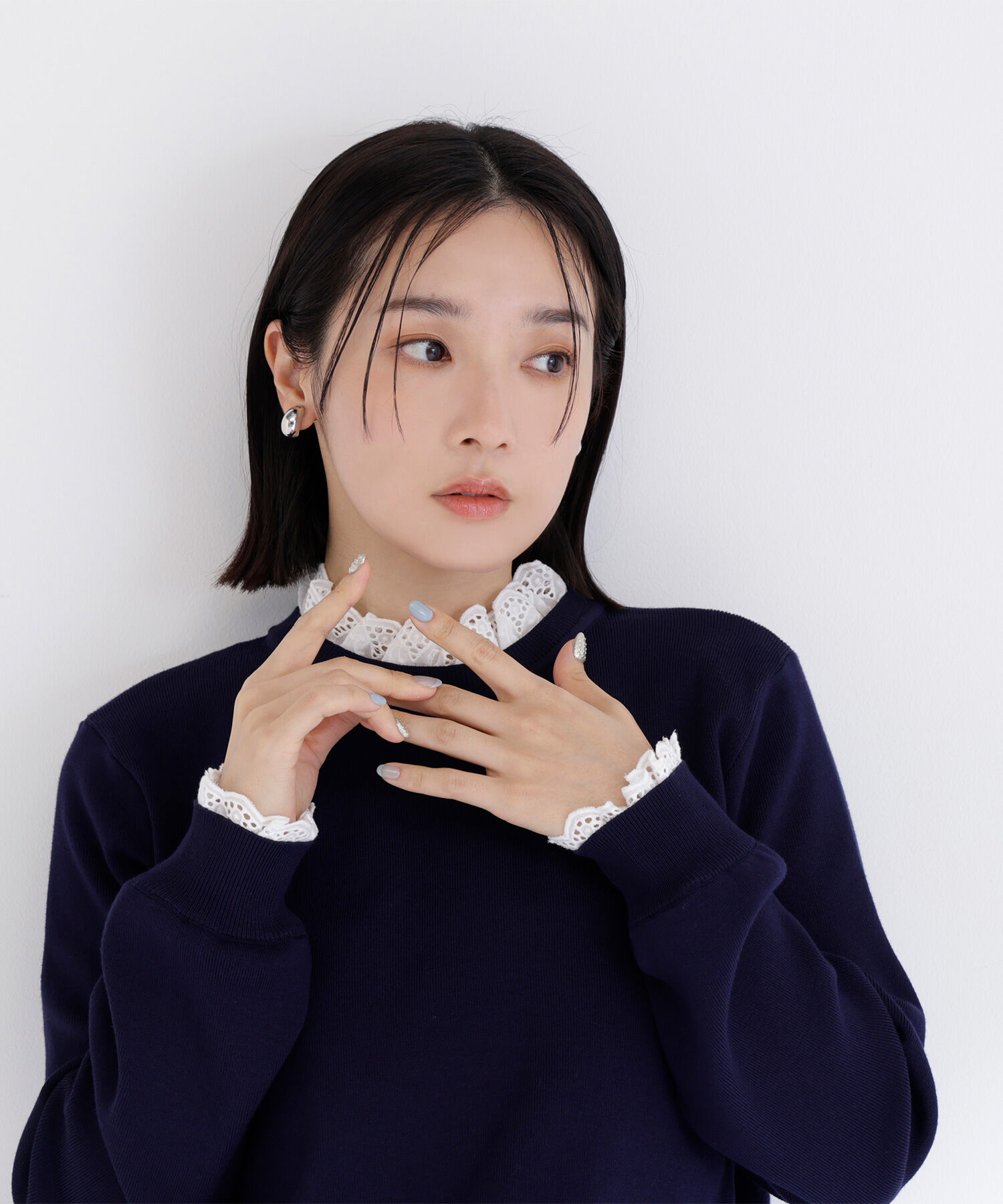  「レースフリルドッキングニット」|ニット・セーター|ネイビー
