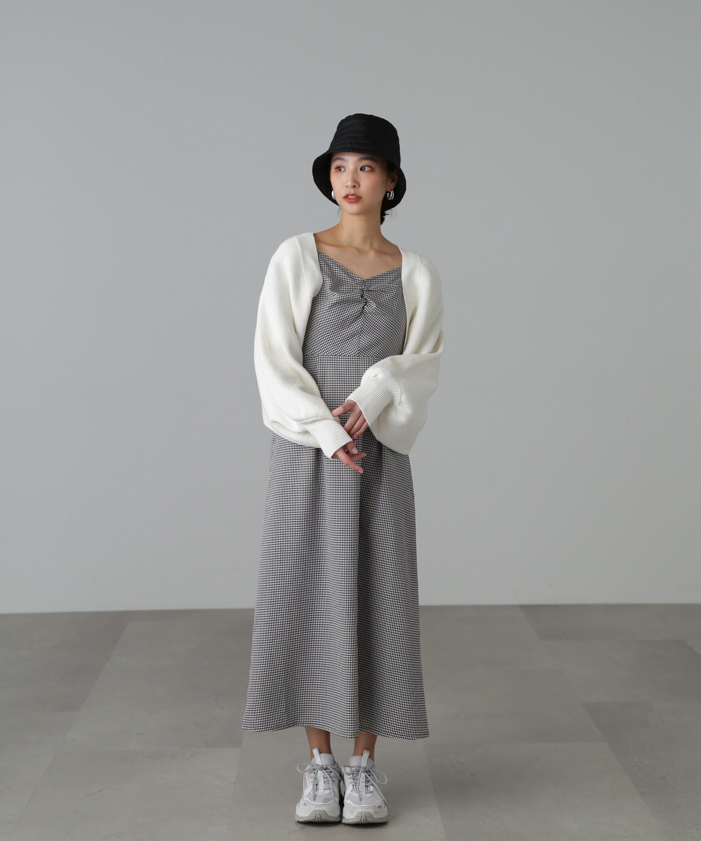  「ギンガムチェック袖シャーリングワンピース」|ワンピース|