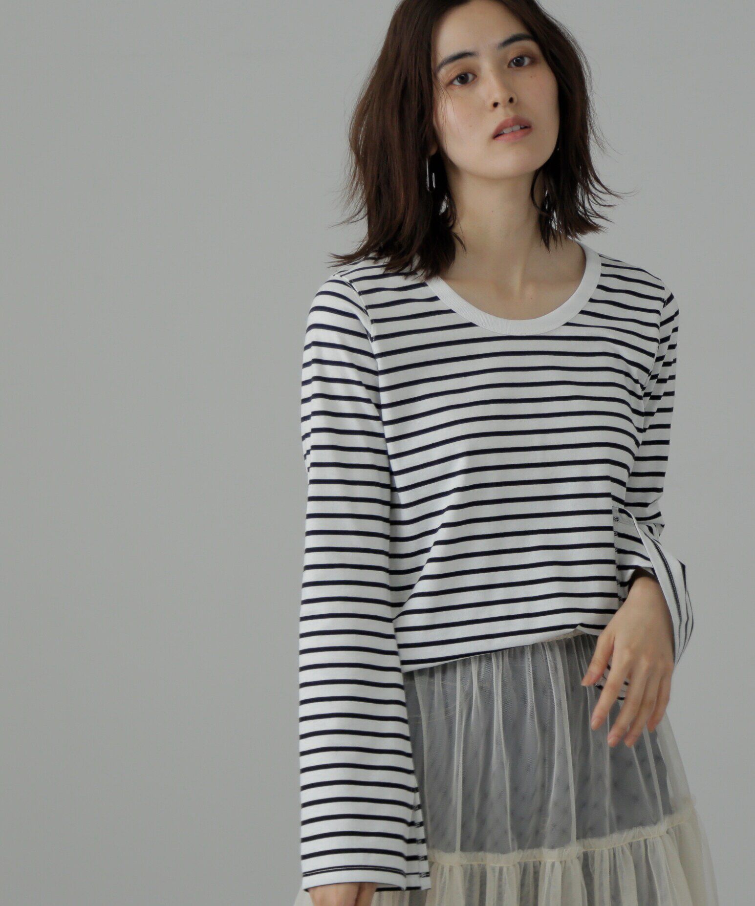  「フレアスリーブ袖スリットボーダーTシャツ」|Tシャツ・カットソー|