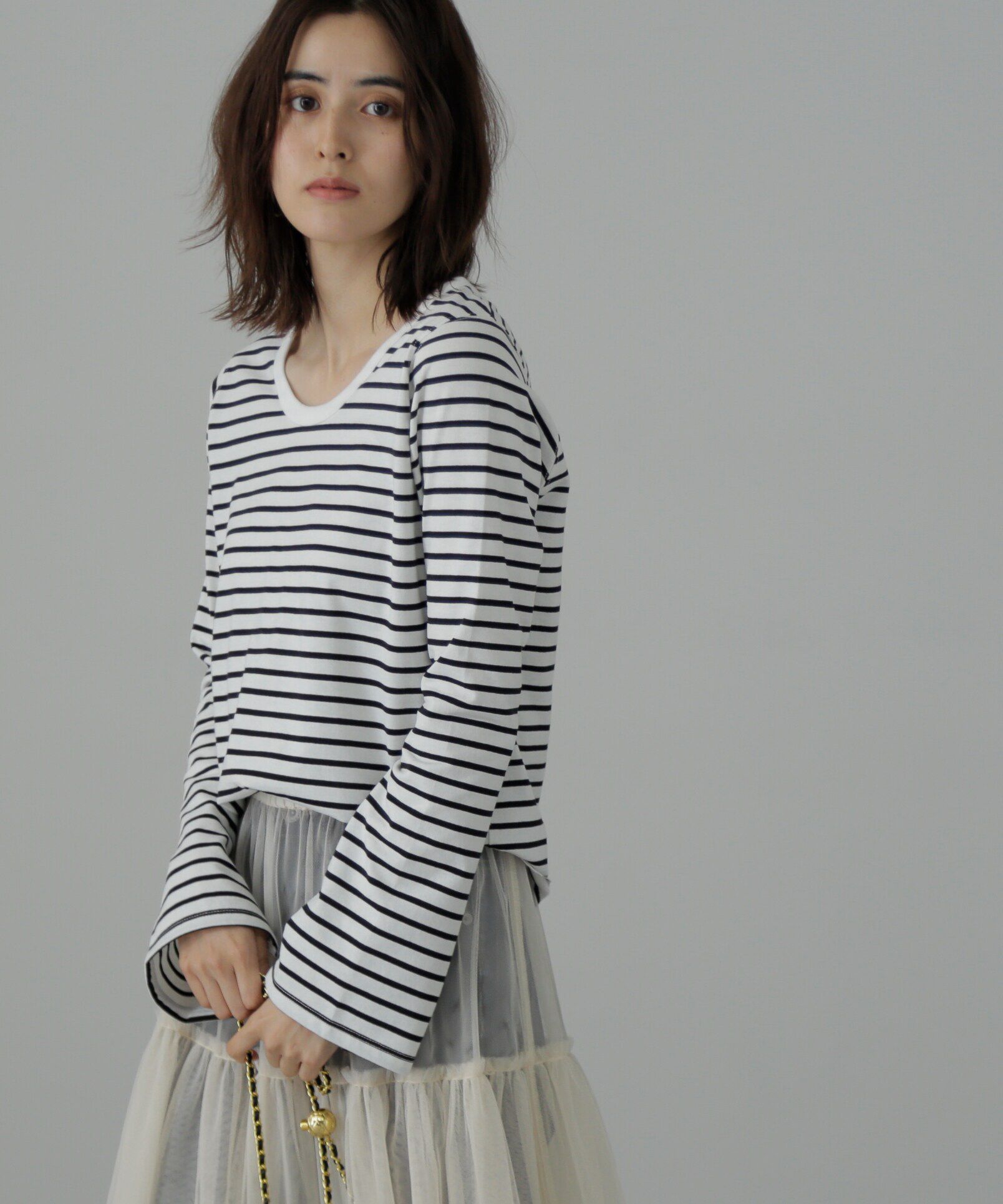  「フレアスリーブ袖スリットボーダーTシャツ」|Tシャツ・カットソー|