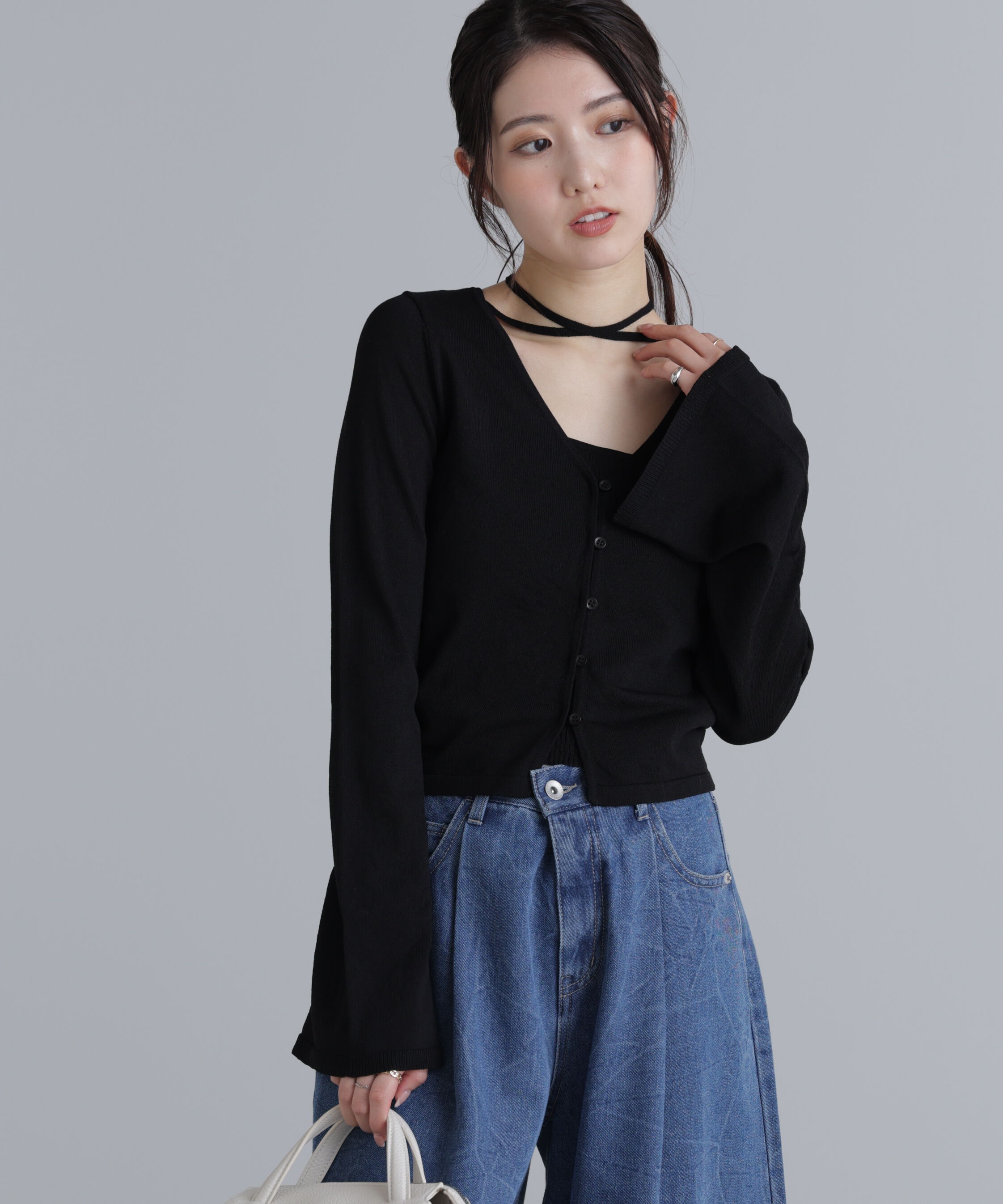  「キャミレイヤードニットカーディガン２」|ニット・セーター|ブラック