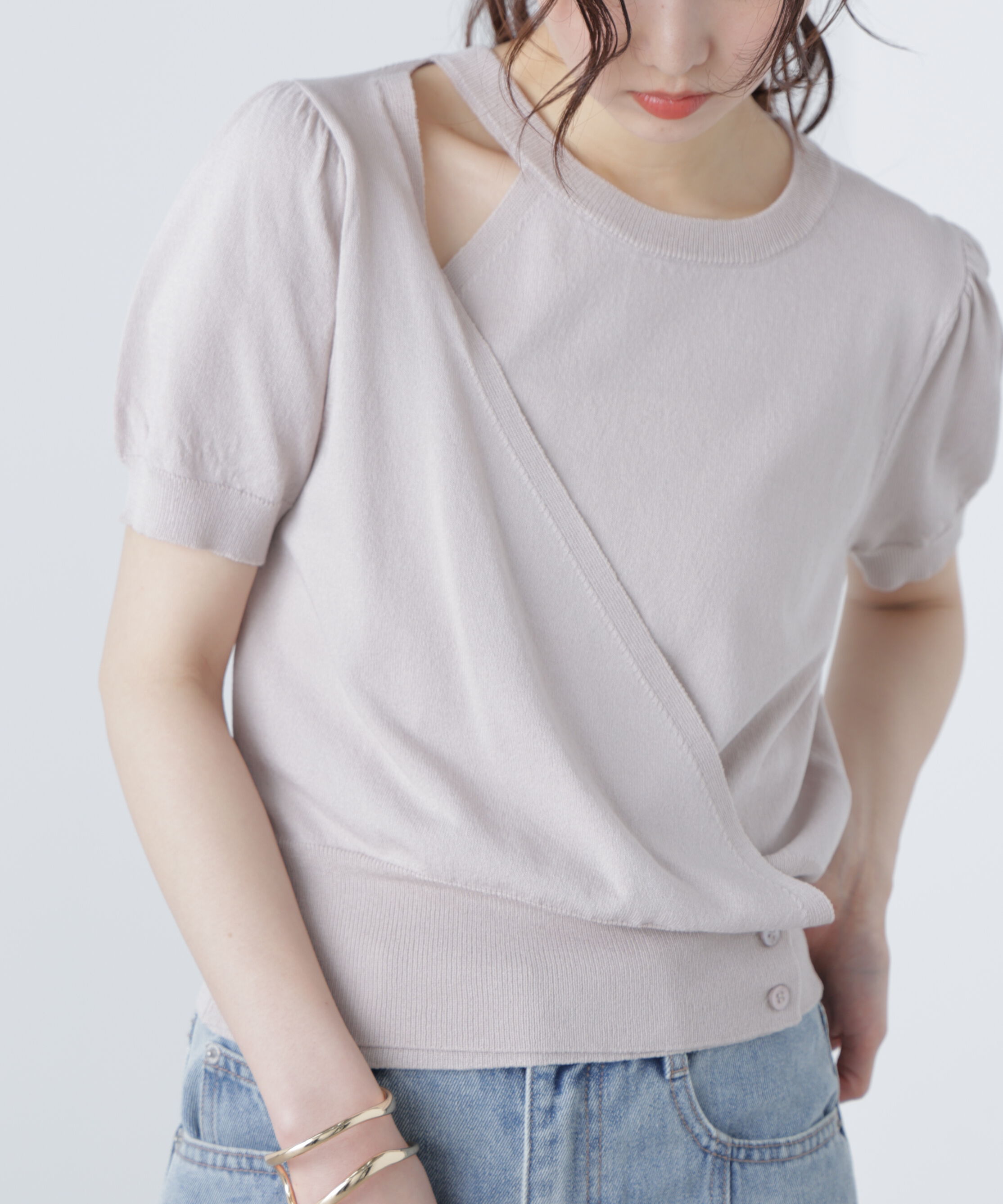  「キャミレイヤードカシュクール半袖ニット」|ニット・セーター|