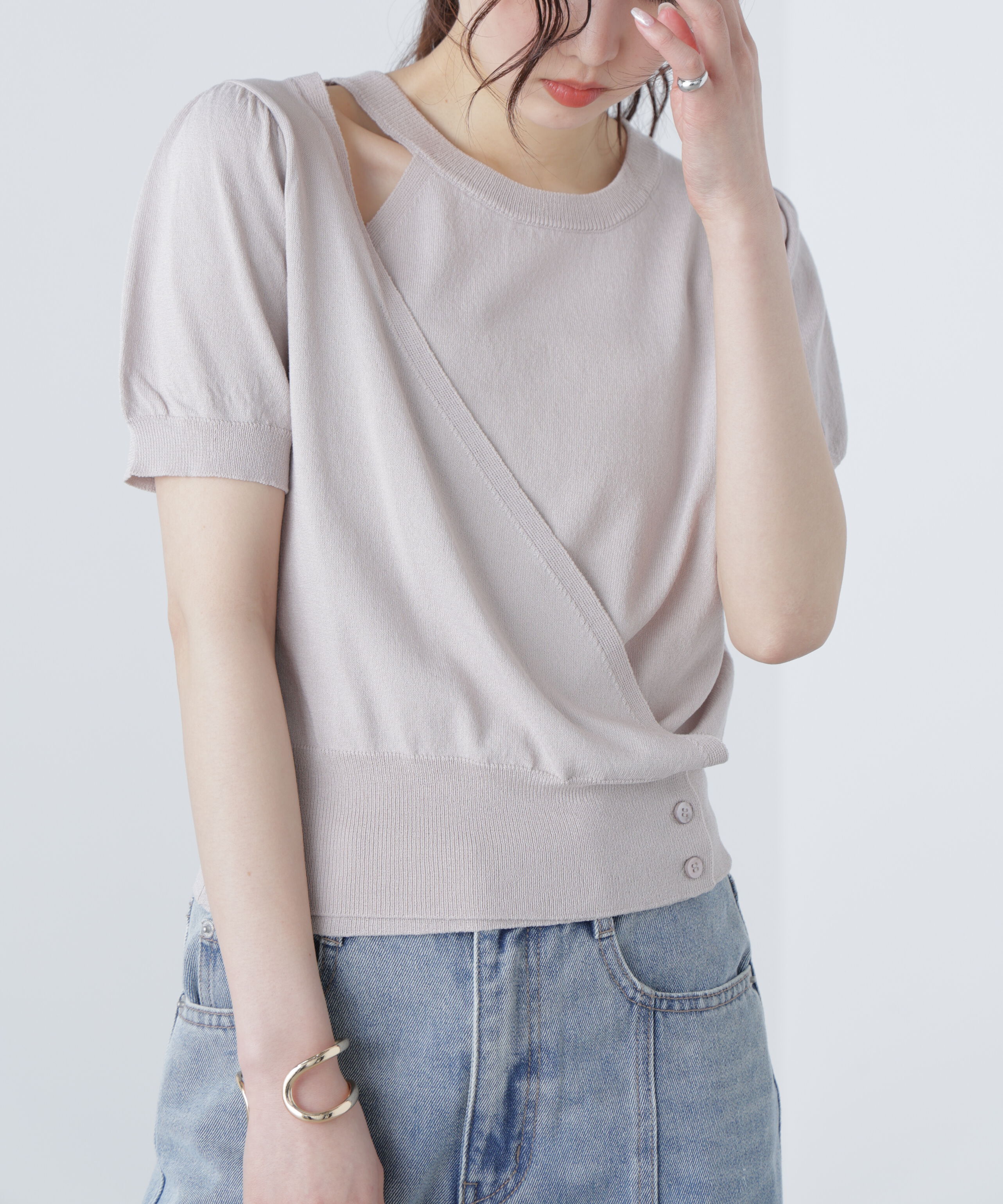  「キャミレイヤードカシュクール半袖ニット」|ニット・セーター|