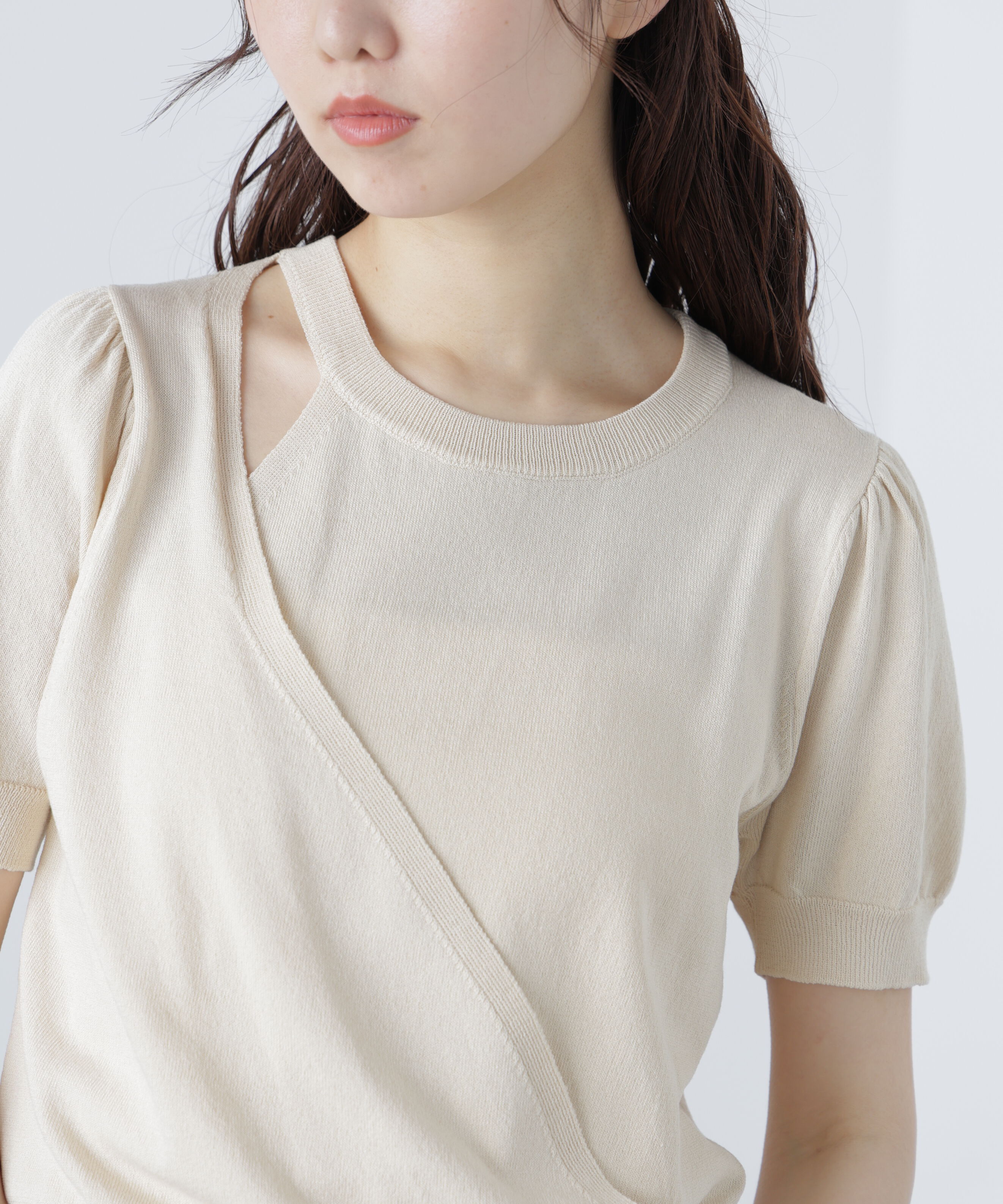  「キャミレイヤードカシュクール半袖ニット」|ニット・セーター|