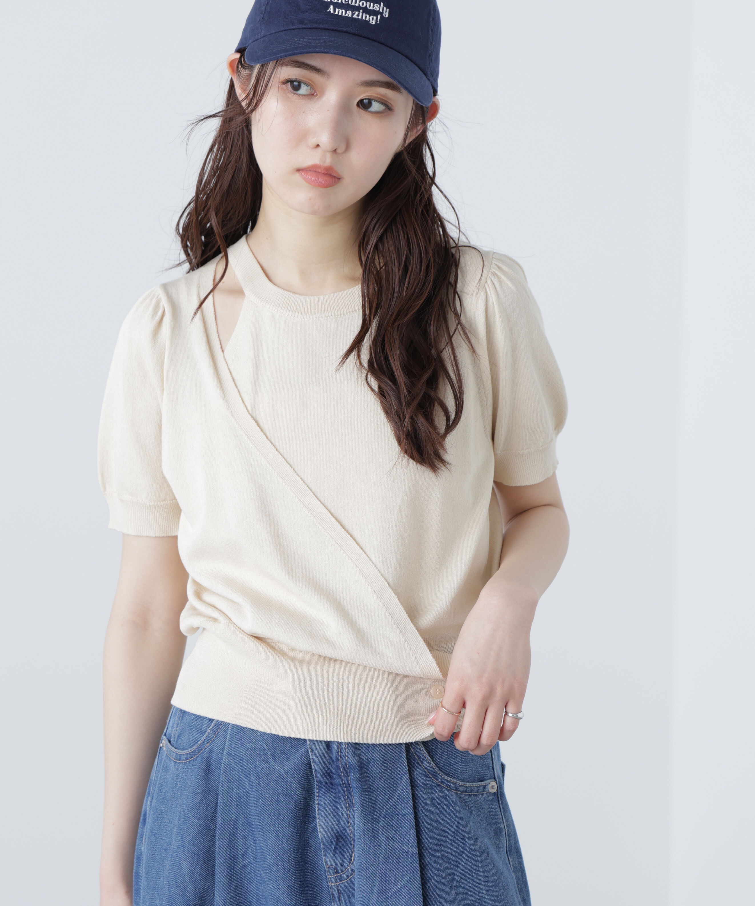  「キャミレイヤードカシュクール半袖ニット」|ニット・セーター|