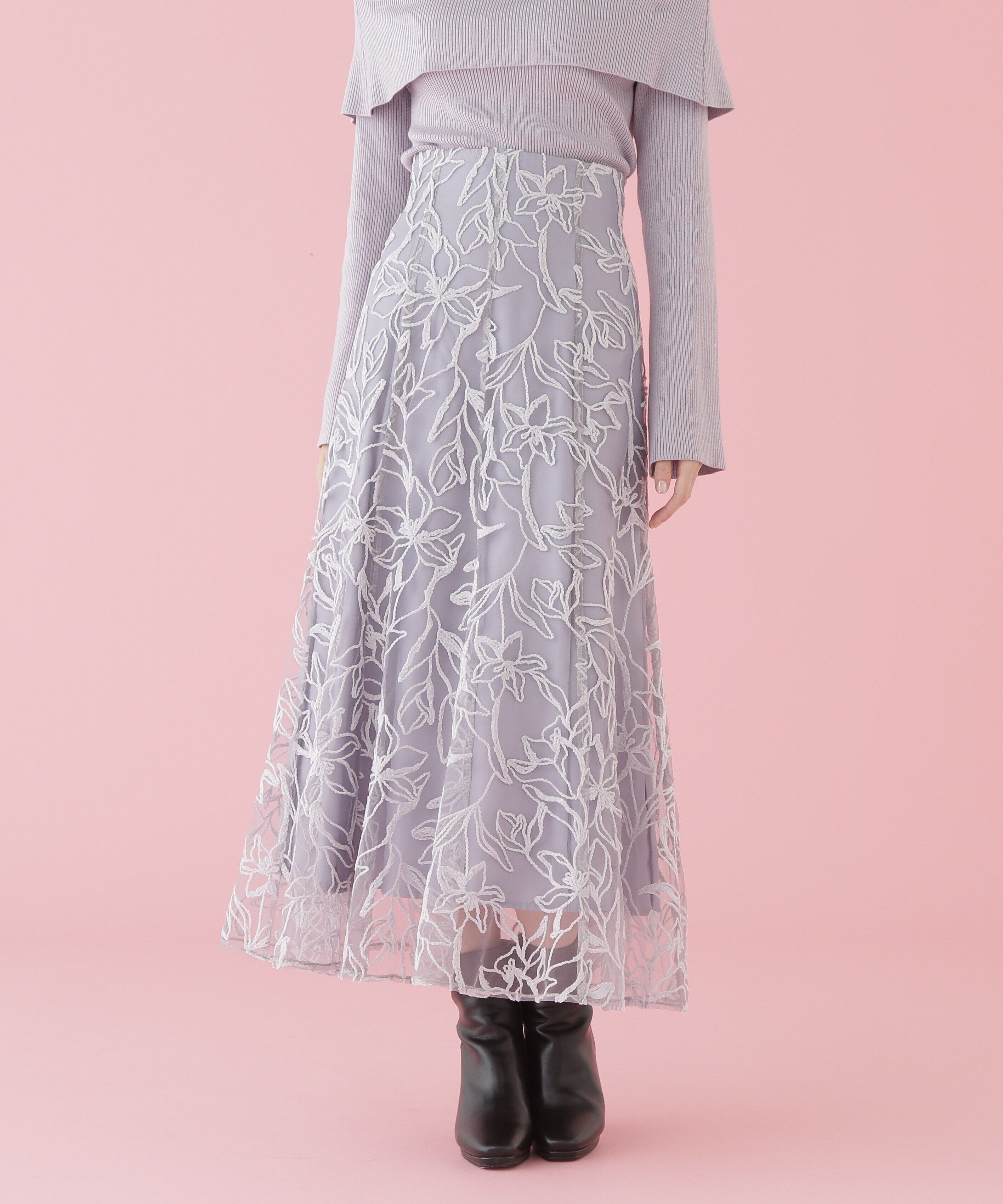  「フラワーモール刺繍スカート」|スカート|ラベンダー