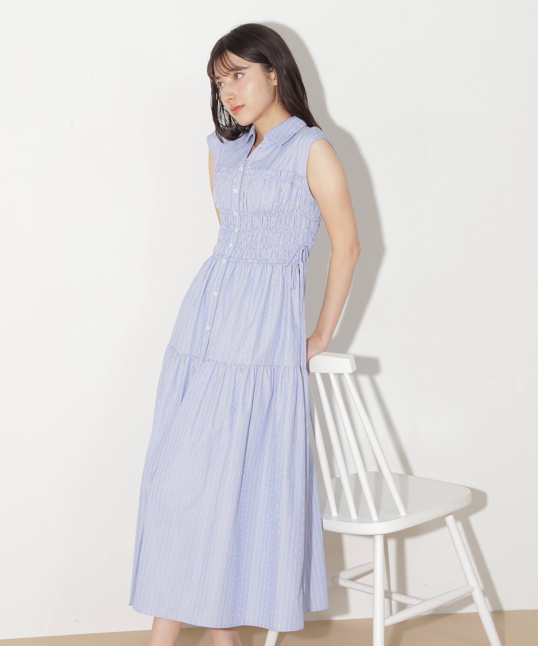  「ウエストシャーリングストライプシャツワンピース」|ワンピース|