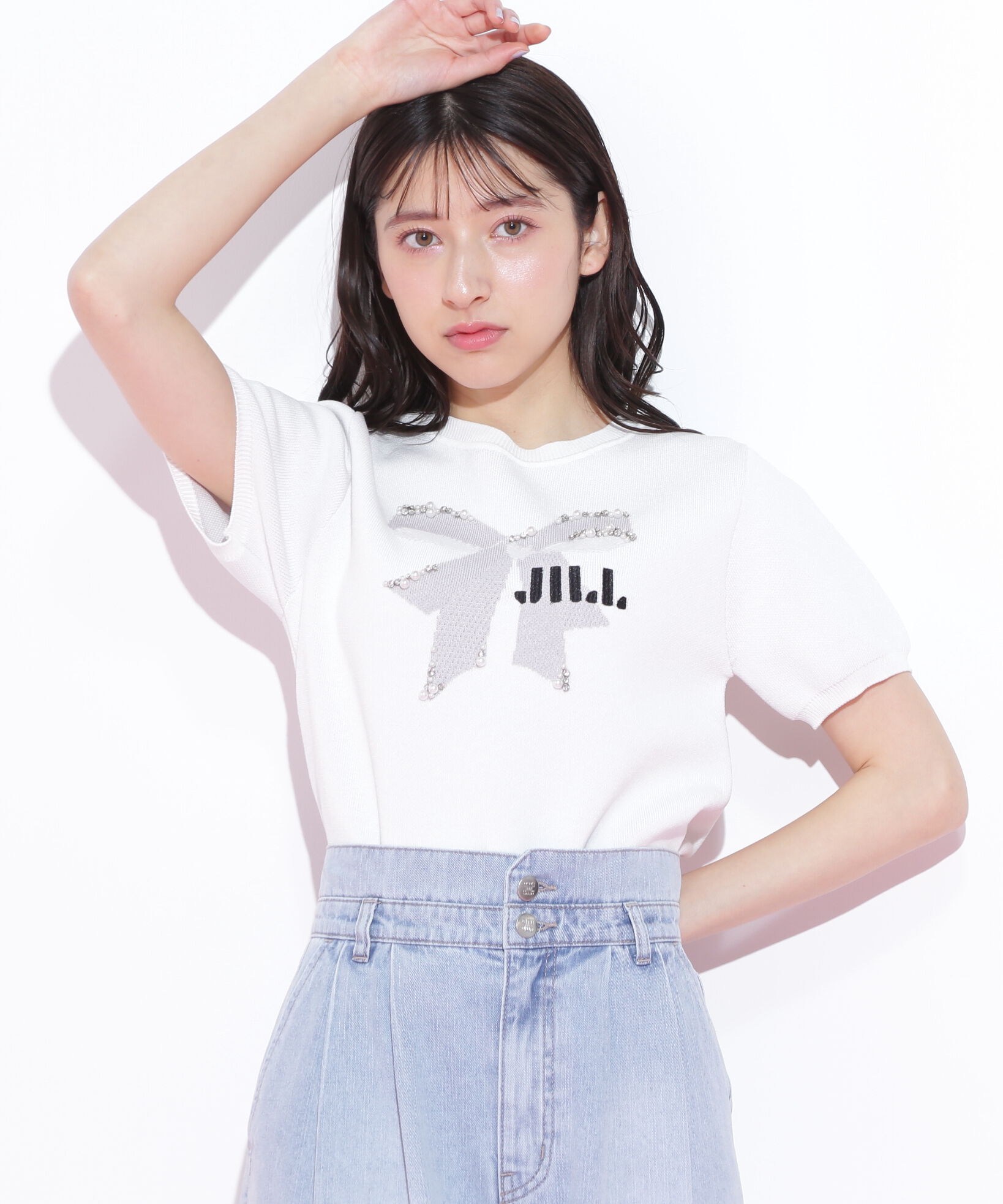  「リボンジャガードビジューニットトップス」|ニット・セーター|ホワイト