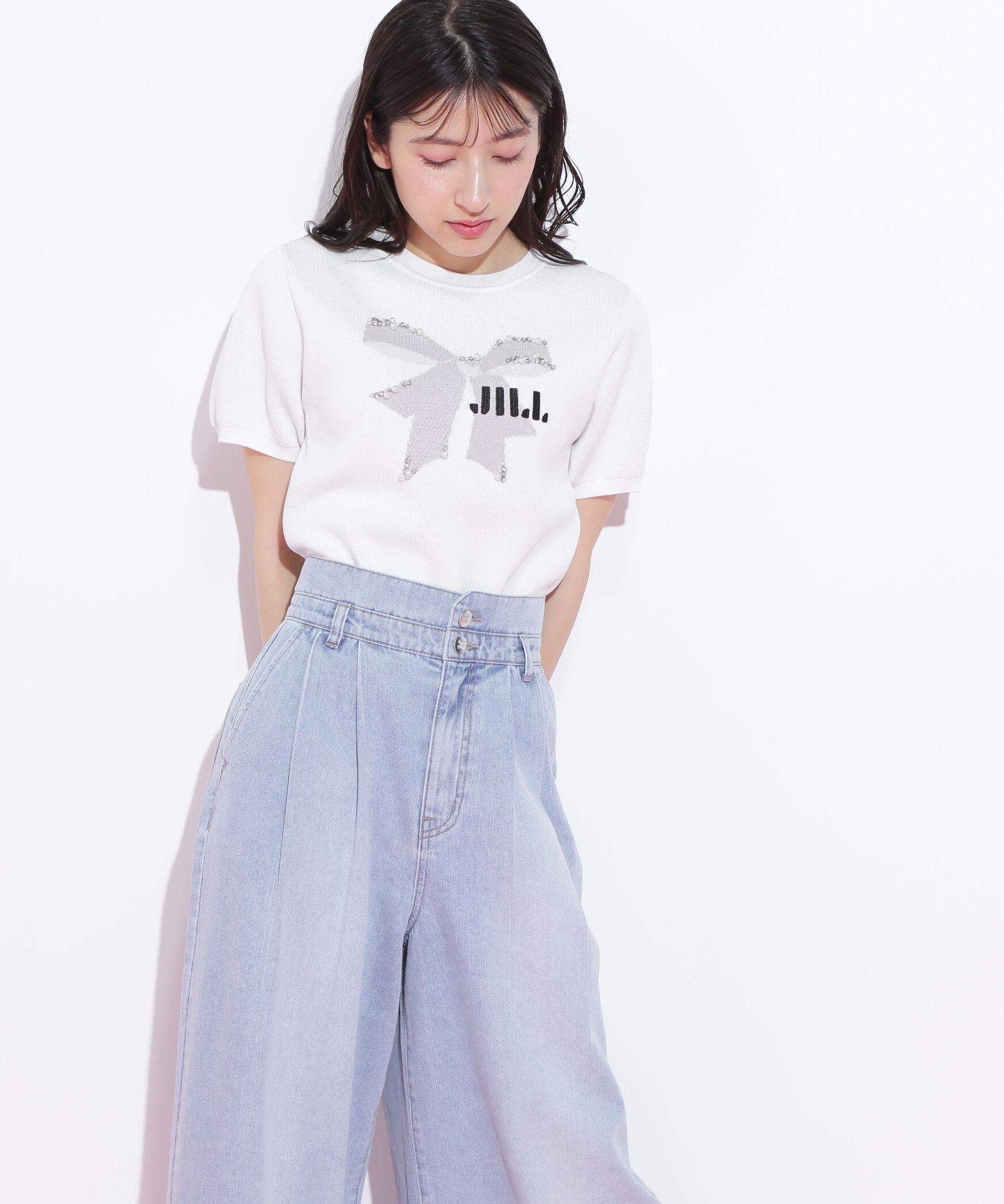  「リボンジャガードビジューニットトップス」|ニット・セーター|