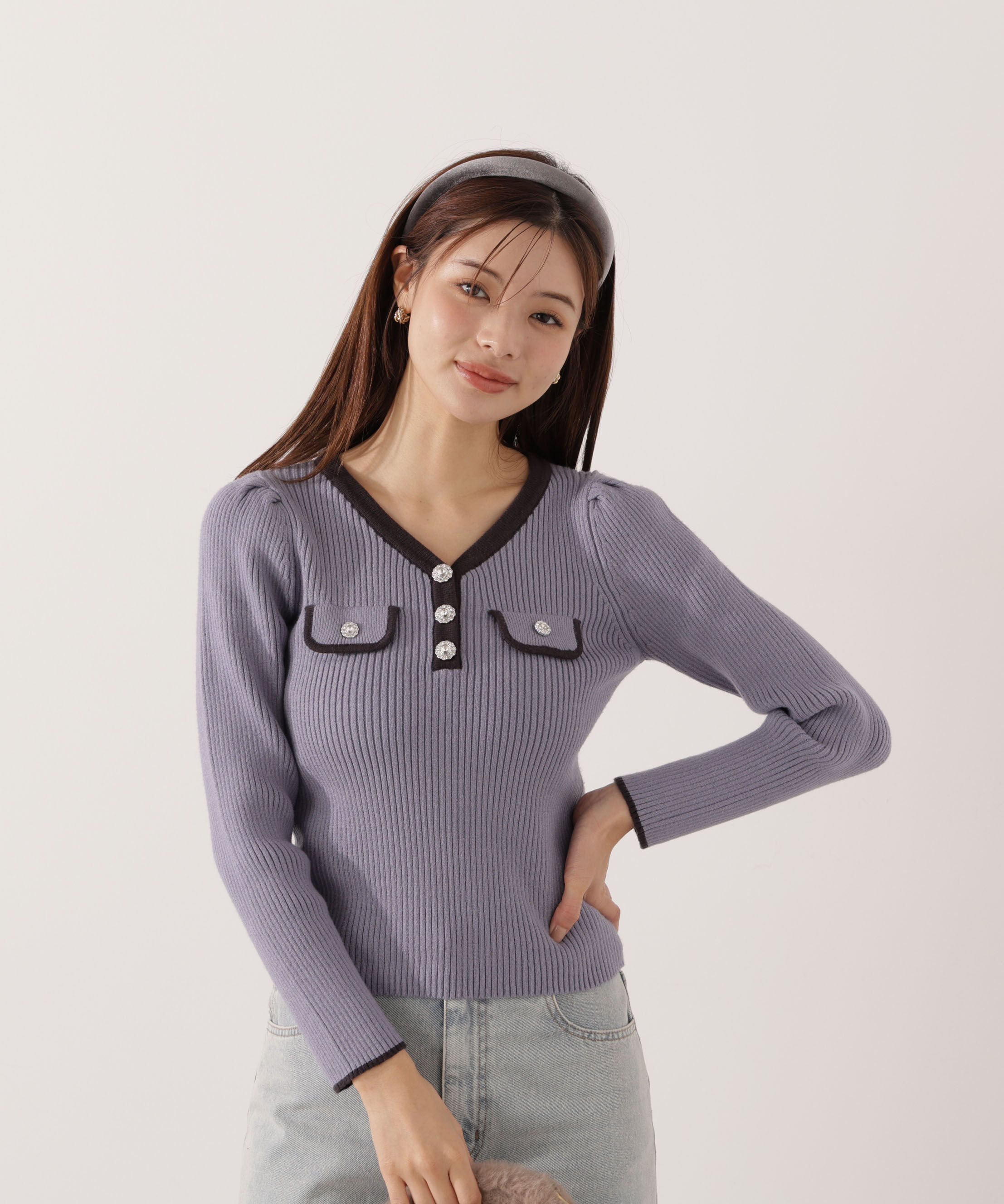 PROPORTION BODY DRESSING「＜ウォッシャブル＞フラップポケット付きニット」|ニット・セーター|ブルー&times;チャコ