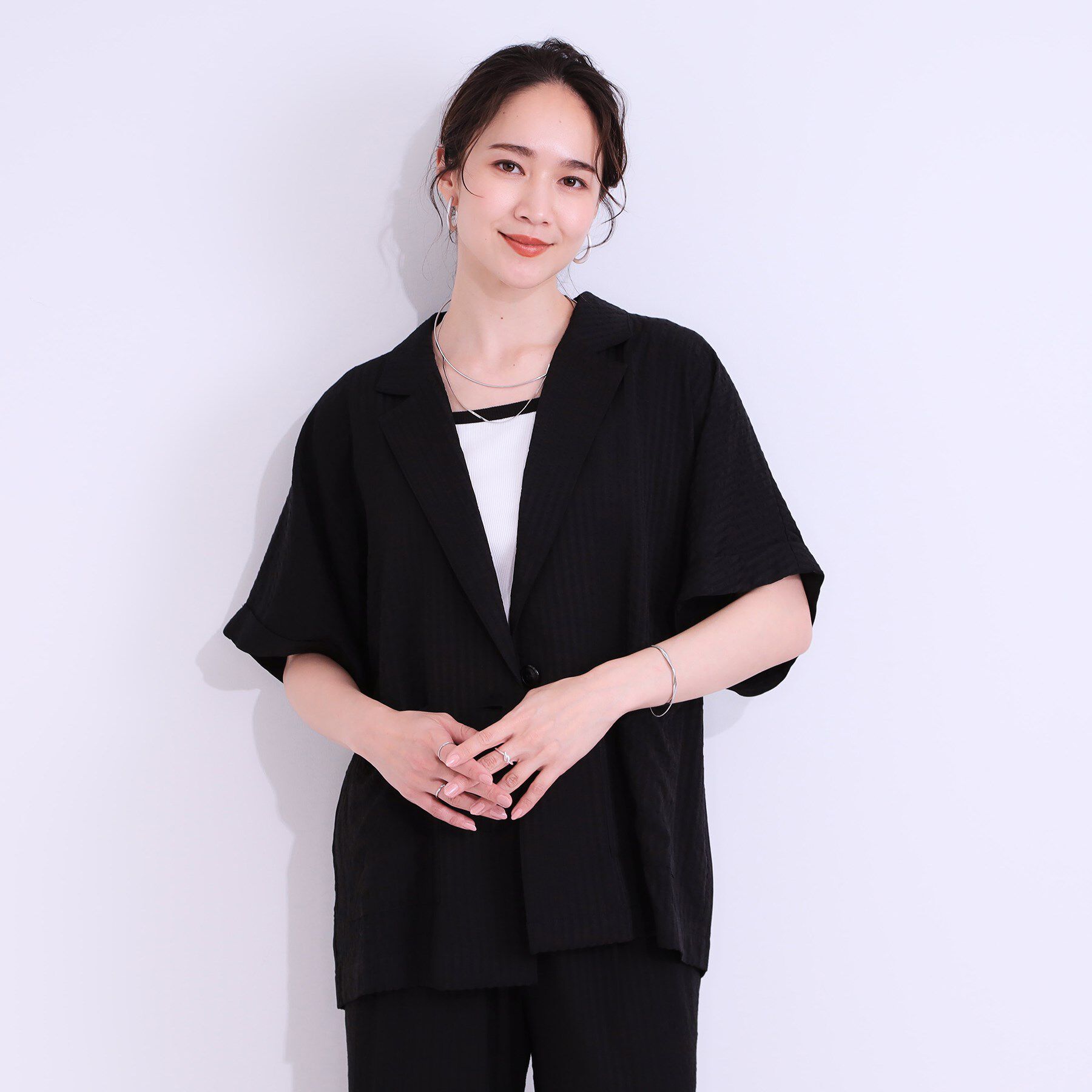 SHOO･LA･RUE「【セットアップ可能/ひんやり/吸水速乾】サッカーストライプ テーラードカラーシャツジャケット」|テーラードジャケット|