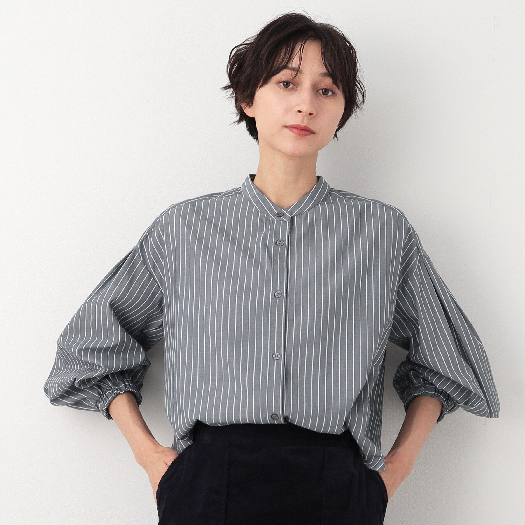 Dessin「【洗える】バルーンスリーブバンドカラーシャツ（XS～L）」|シャツ・ブラウス|ライトグレー(311