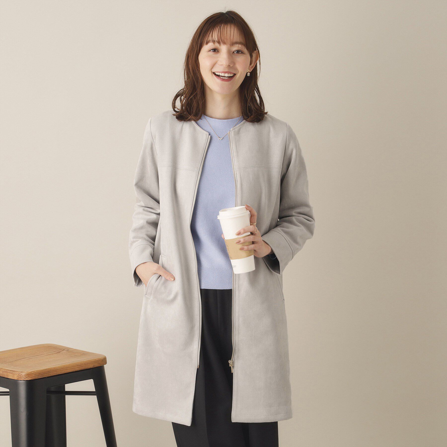 ITS&rsquo;DEMO「【通勤】カットフェイクスエードコート」|ノーカラーコート|