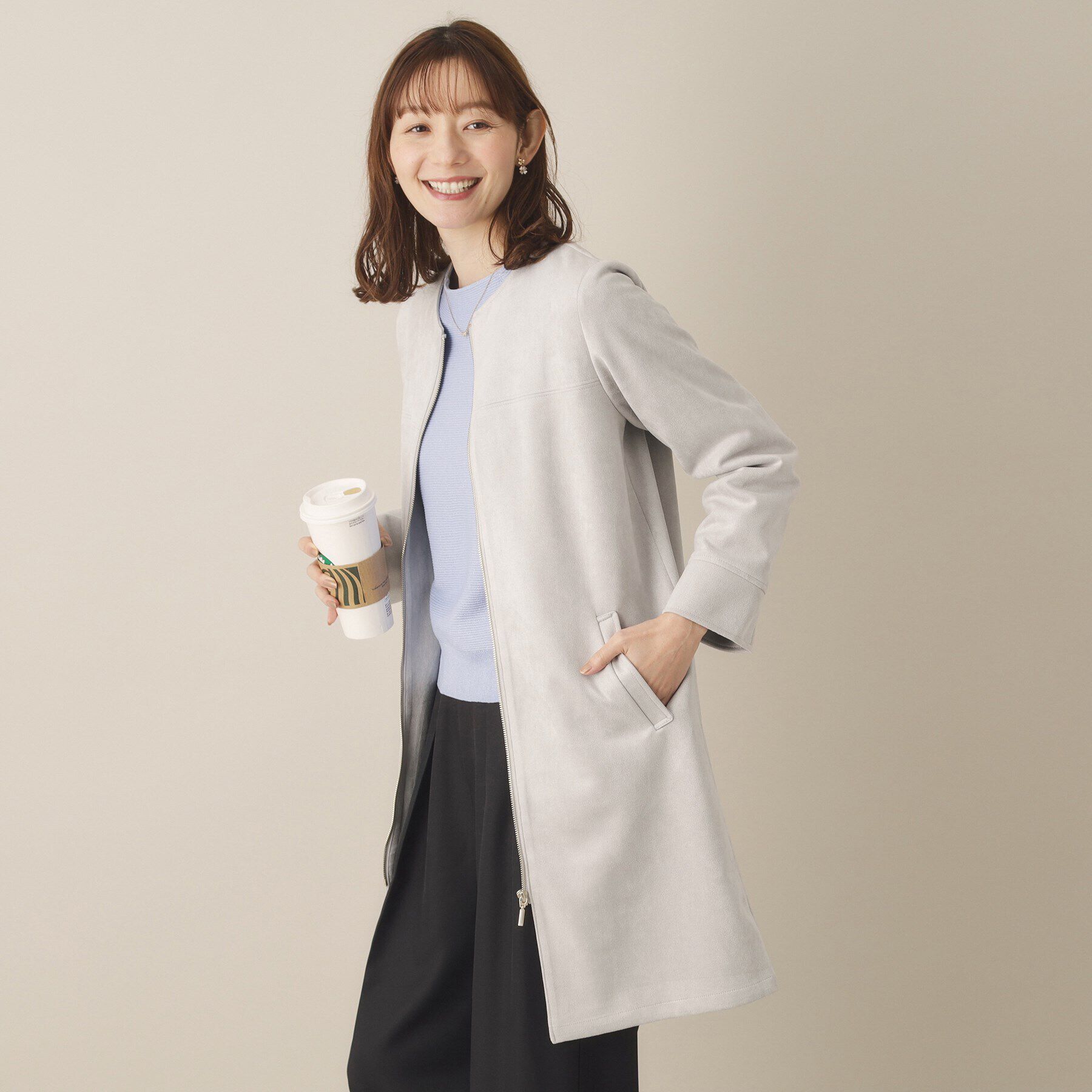 ITS&rsquo;DEMO「【通勤】カットフェイクスエードコート」|ノーカラーコート|ライトグレー(011