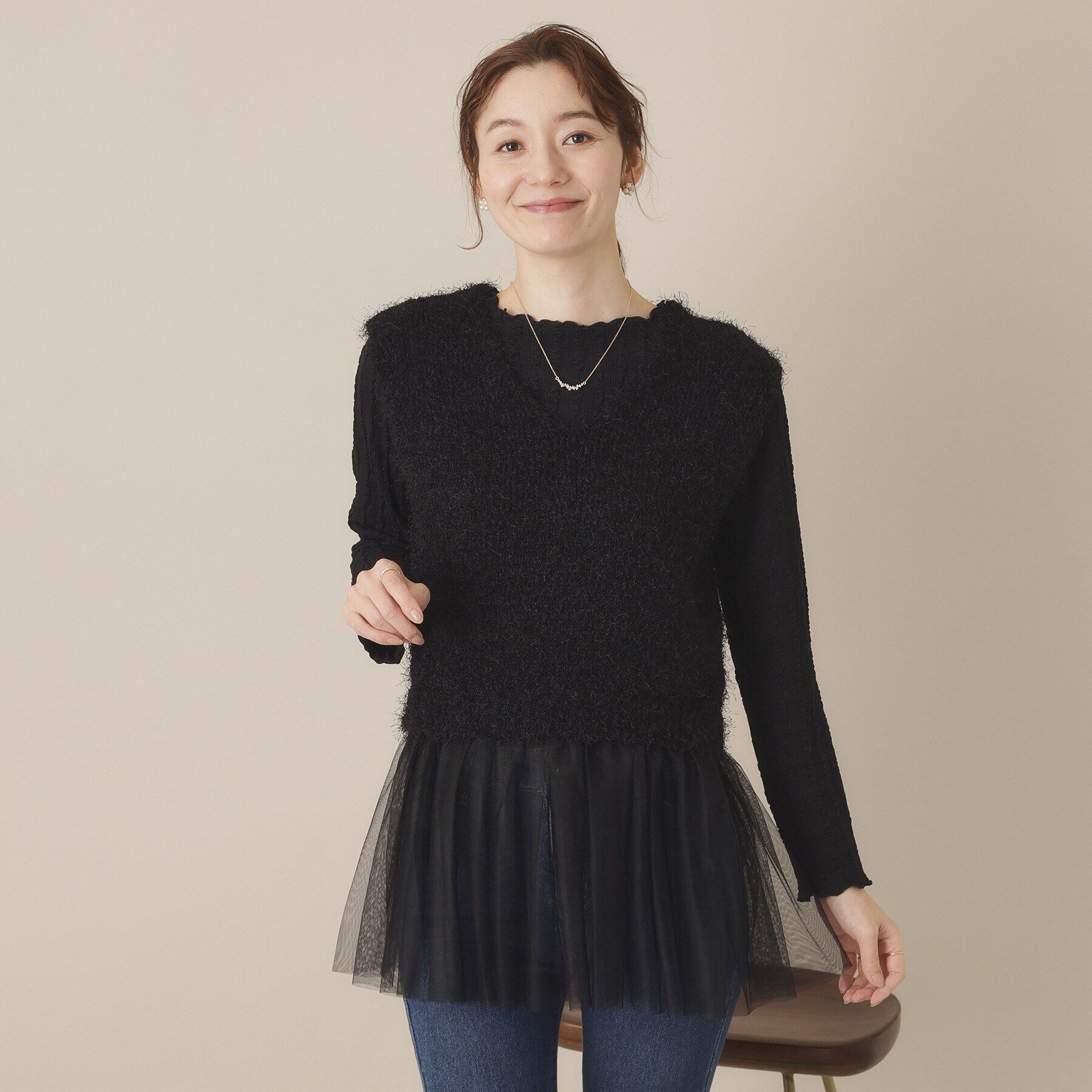 ITS&rsquo;DEMO「【手洗い可】ニット&times;チュールジレ」|ベスト・ジレ|ブラック(019)