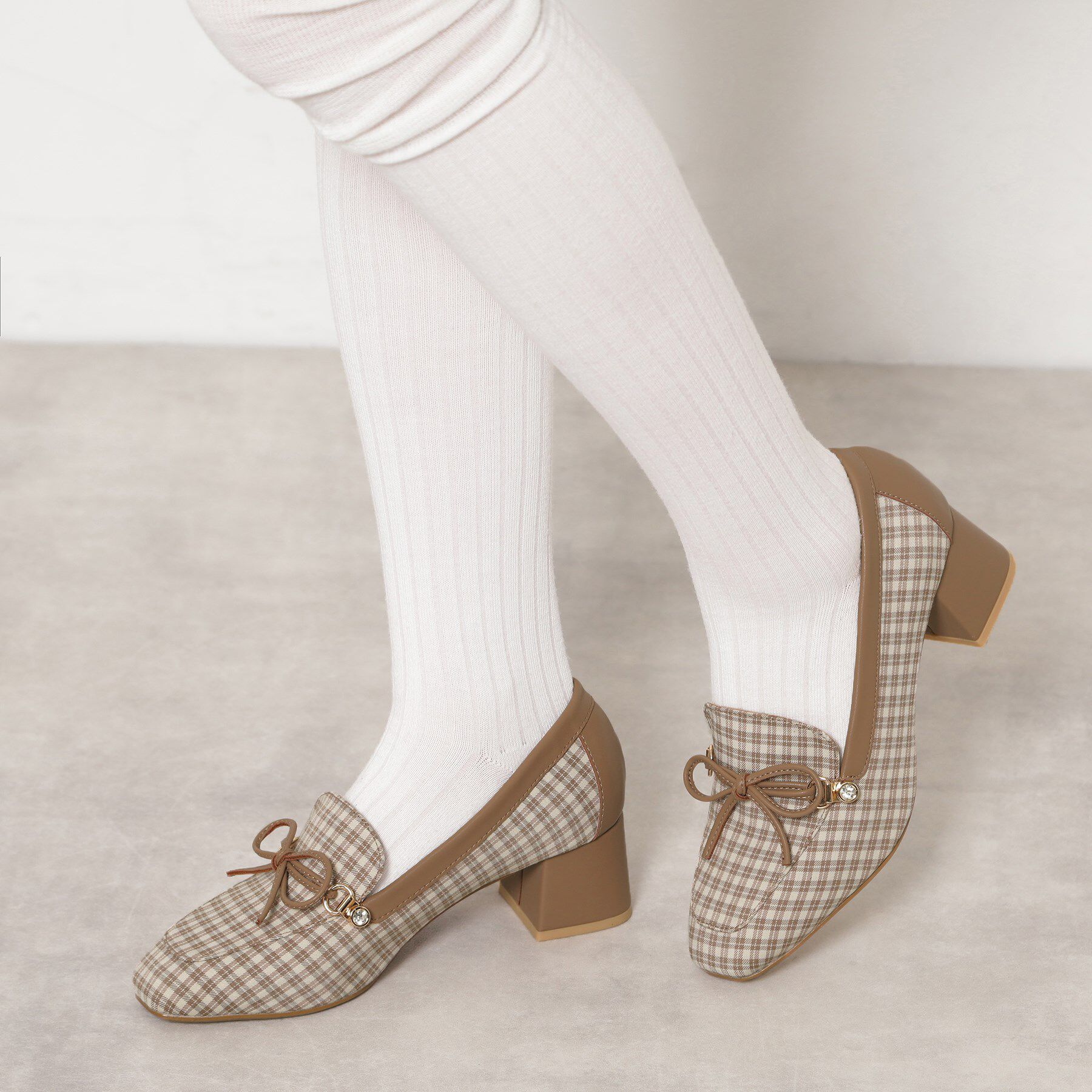 ESPERANZA「ビジュー付リボンローファー」|パンプス|チェック柄(399)