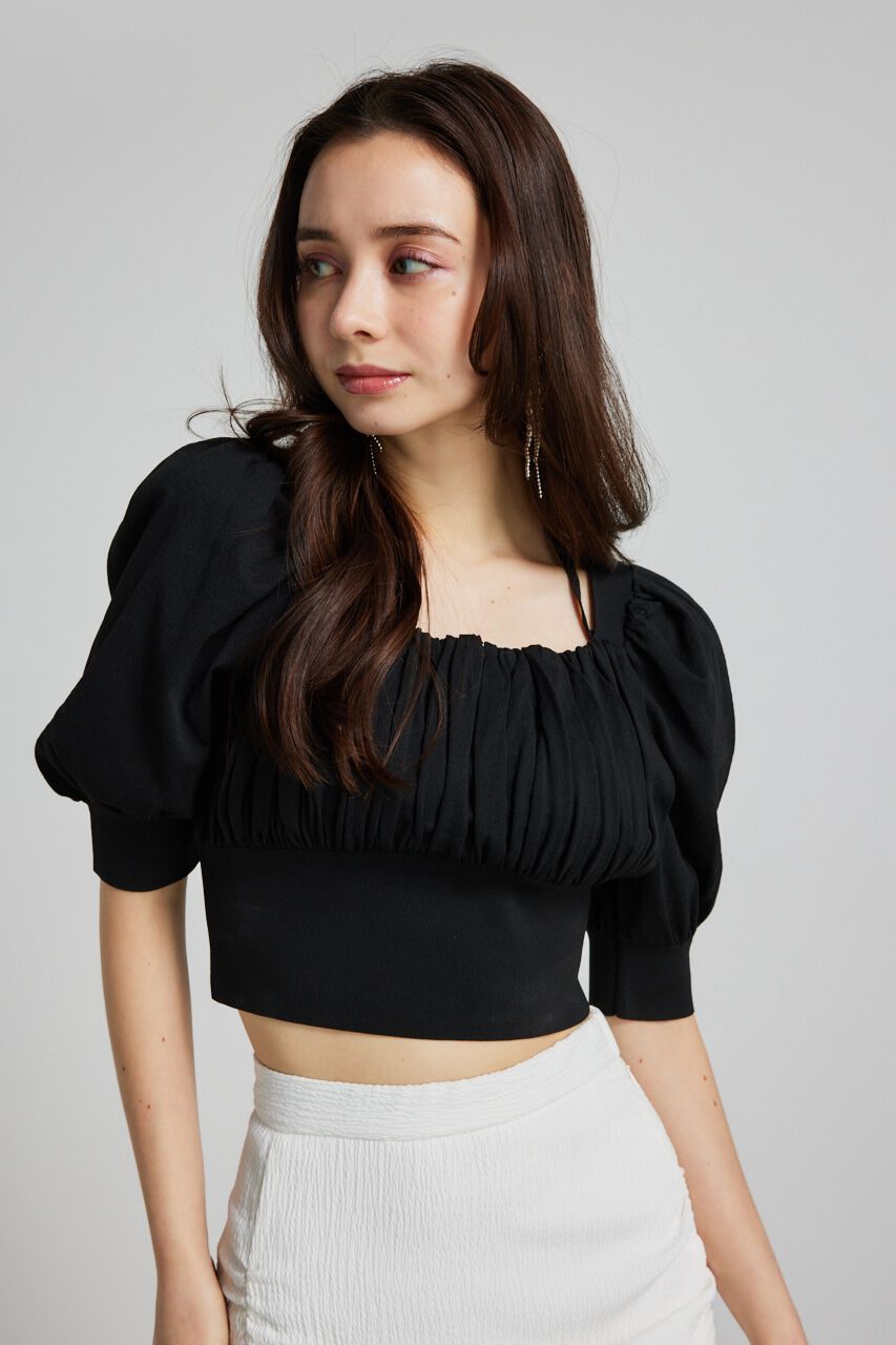 rienda「バストギャザークロップハーフSLV Knit TOP」|ニット・セーター|