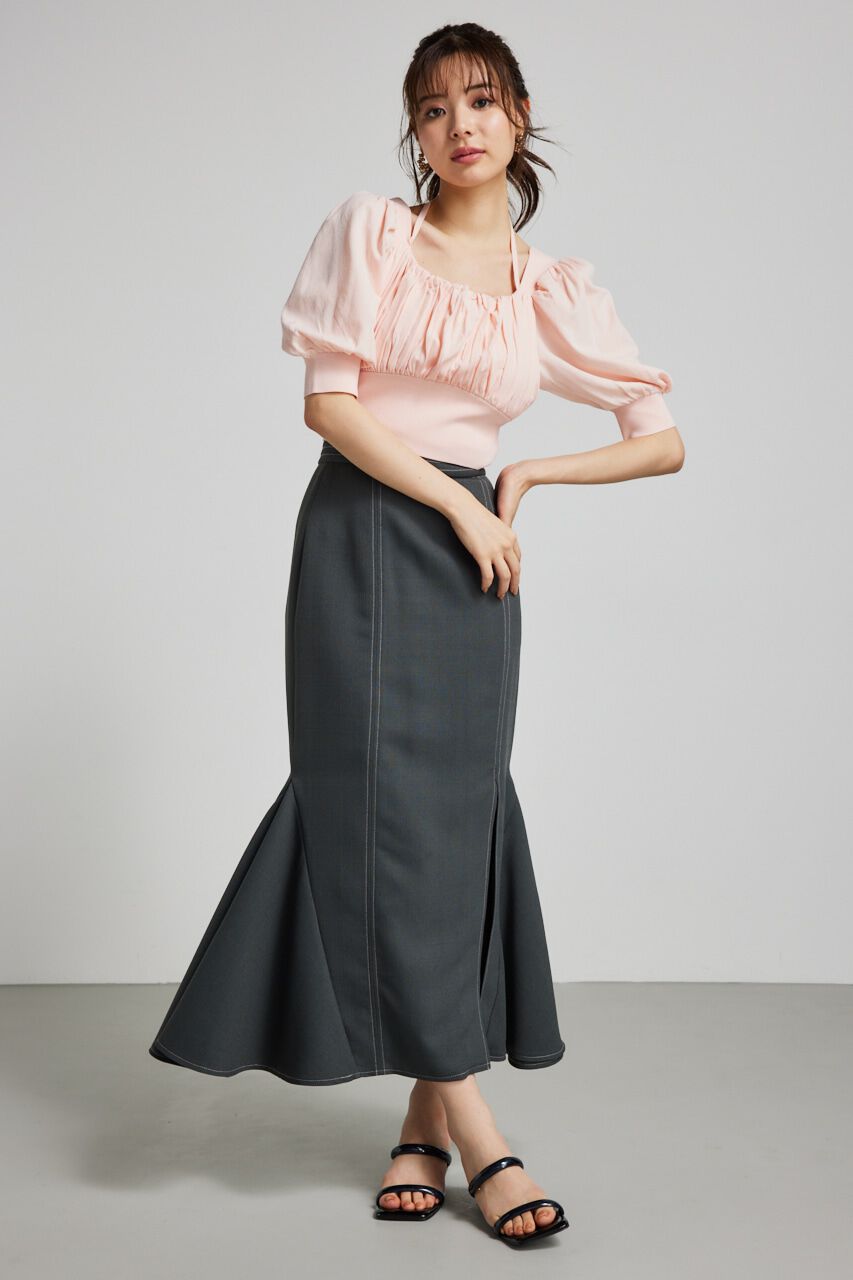 rienda「バストギャザークロップハーフSLV Knit TOP」|ニット・セーター|