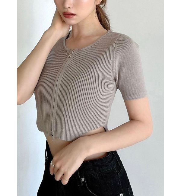 RESEXXY「ジップデザインクロップドニットトップス」|ニット・セーター|ベージュ