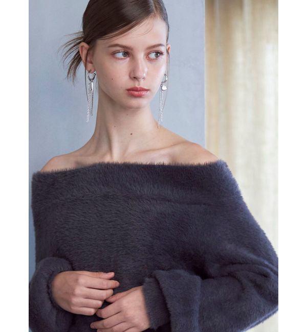 MERCURYDUO「オフショルミニシャギーニット」|ニット・セーター|グレー