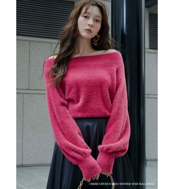 MERCURYDUO「オフショルミニシャギーニット」|ニット・セーター|レッド