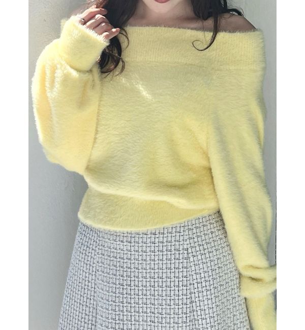 MERCURYDUO「オフショルミニシャギーニット」|ニット・セーター|イエロー