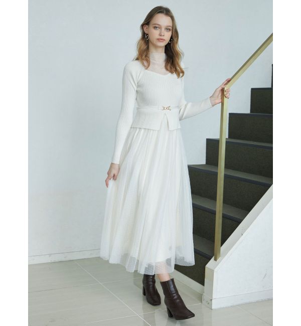 MERCURYDUO「ビットニットドットチュールドッキングワンピース」|ワンピース|アイボリー