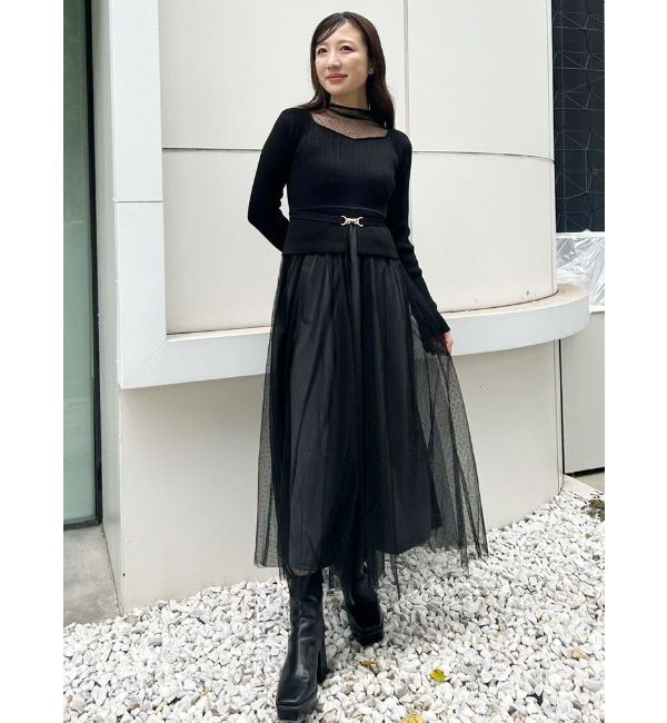 MERCURYDUO「ビットニットドットチュールドッキングワンピース」|ワンピース|