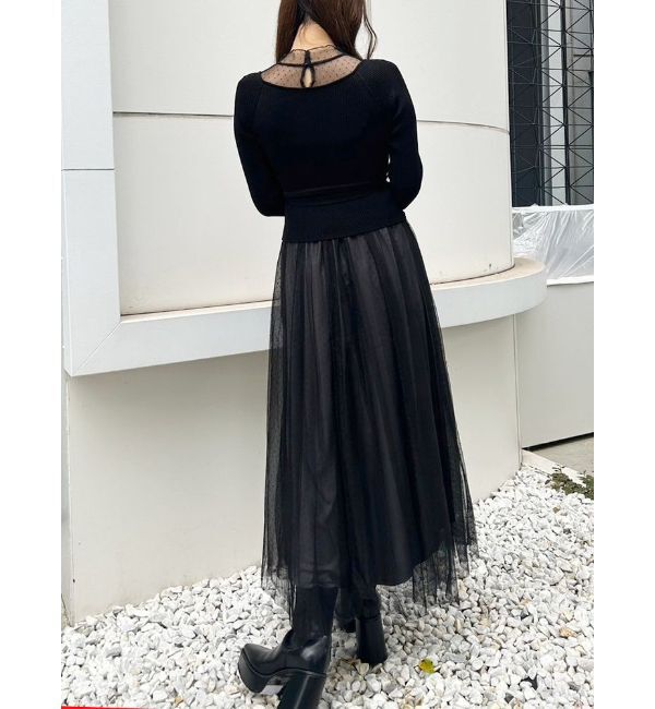 MERCURYDUO「ビットニットドットチュールドッキングワンピース」|ワンピース|