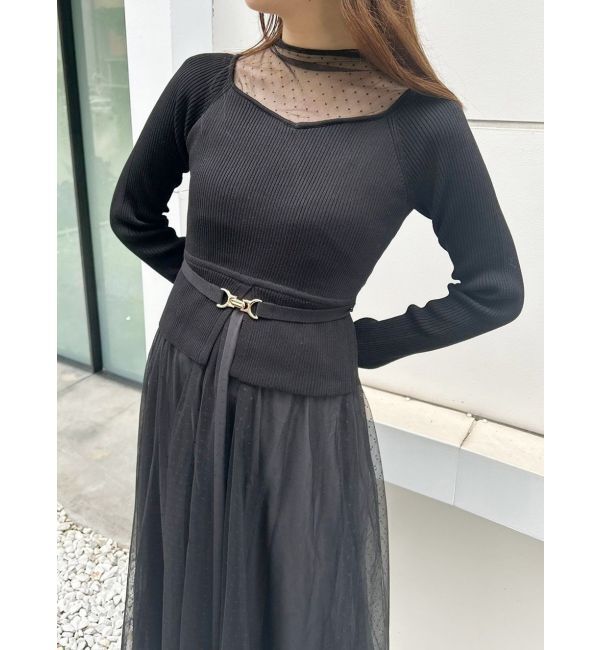 MERCURYDUO「ビットニットドットチュールドッキングワンピース」|ワンピース|