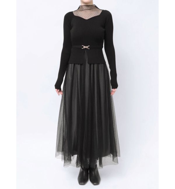 MERCURYDUO「ビットニットドットチュールドッキングワンピース」|ワンピース|