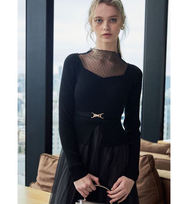 MERCURYDUO「ビットニットドットチュールドッキングワンピース」|ワンピース|