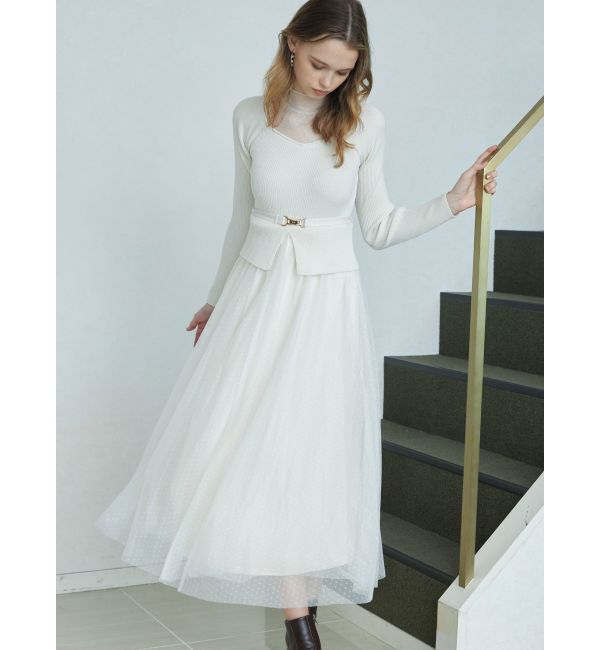 MERCURYDUO「ビットニットドットチュールドッキングワンピース」|ワンピース|