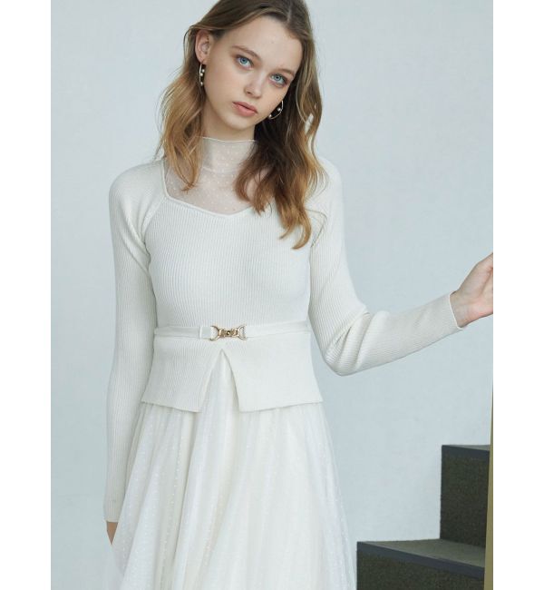 MERCURYDUO「ビットニットドットチュールドッキングワンピース」|ワンピース|