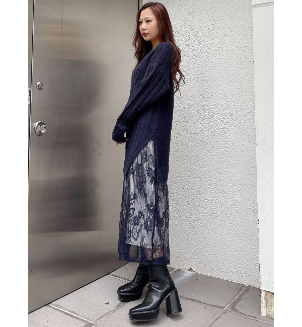 MERCURYDUO「レースドッキングケーブルニットワンピース」|ワンピース|