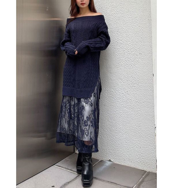 MERCURYDUO「レースドッキングケーブルニットワンピース」|ワンピース|ネイビー
