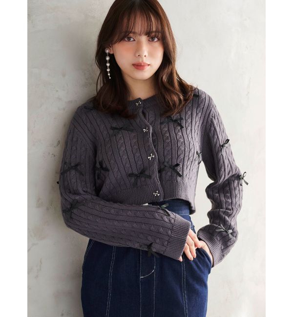 MERCURYDUO「配色リボンニットカーデ」|カーディガン|チャコールグレー