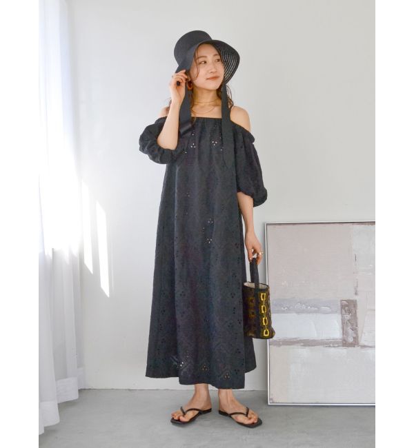 Ungrid「カットワークレースオフショルワンピース」|ワンピース|ブラック