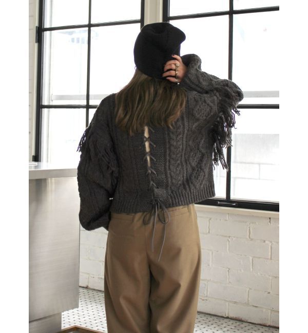 Ungrid「レースアップケーブルニット」|ニット・セーター|チャコールグレー