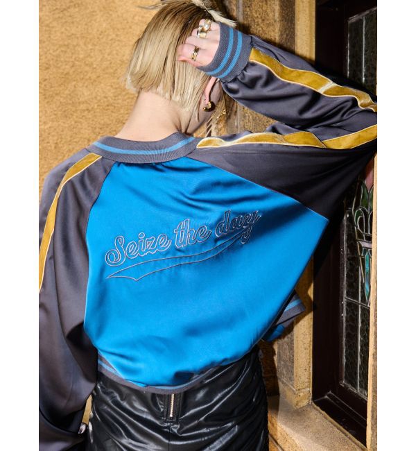 EVRIS「エンブロイダリーサテンブルゾン」|ブルゾン・スタジャン|ブルー