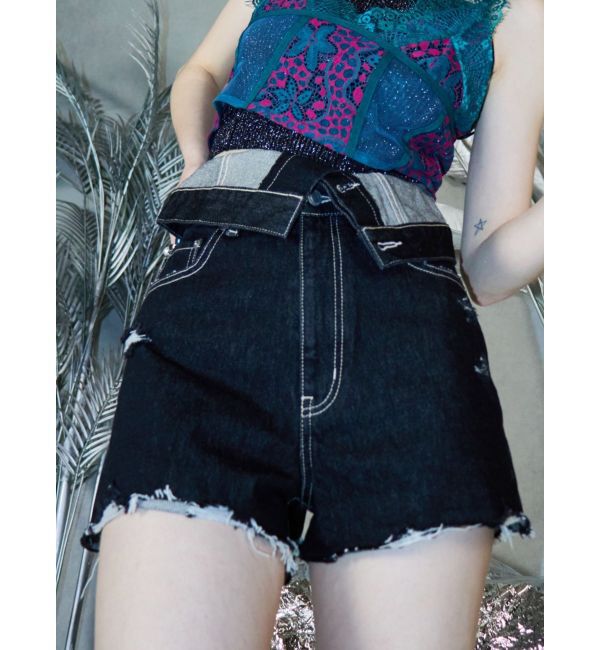 EVRIS「ウエストフラップデニムショートパンツ」|デニム|ブラック