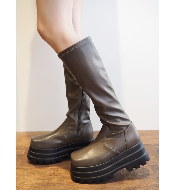 EVRIS「プラットフォームストレッチロングブーツ」|ロングブーツ|カーキ