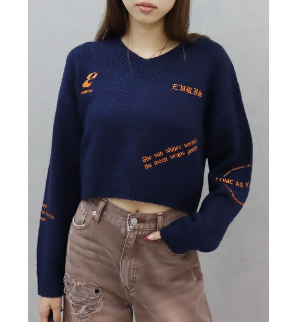 EVRIS「Embroideryニットトップス」|ニット・セーター|ネイビー