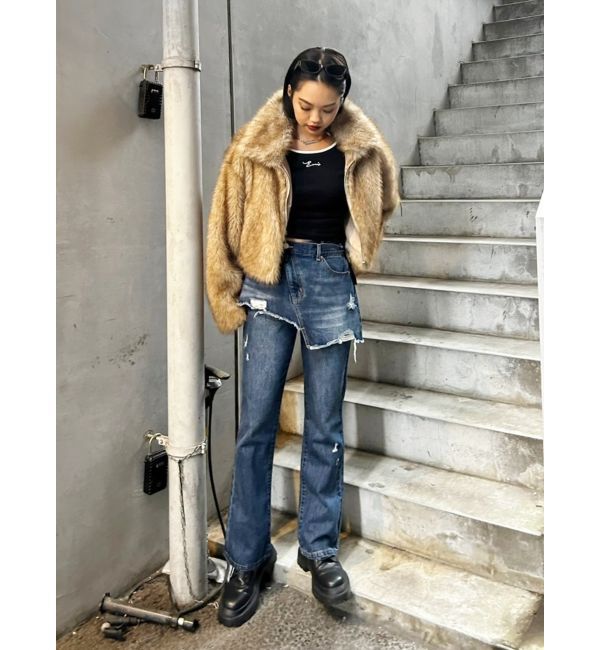 EVRIS「ラップデザインフレアデニムパンツ」|デニム|