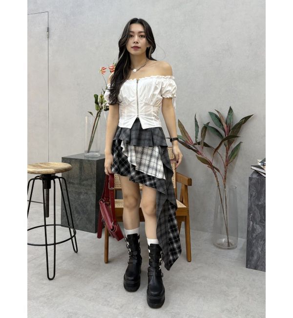 EVRIS「ランダムチェックアシンメトリーミニスカート」|スカート|